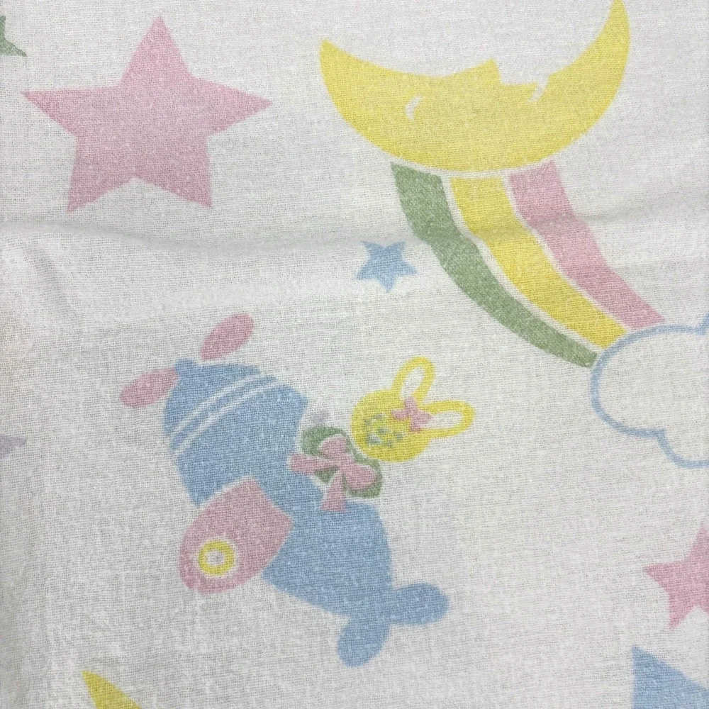 Vtg Beacon Rainbow Baby Blanket White Stars Balloon Bunny Plane Pastel Receiving